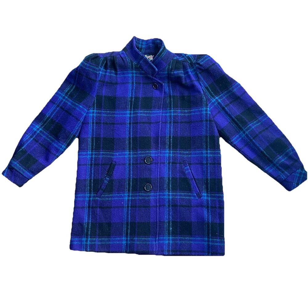 Vintage 80s New York Girl Womens Peacoat Size 8 Wool Shoulder Pads Purple Plaid